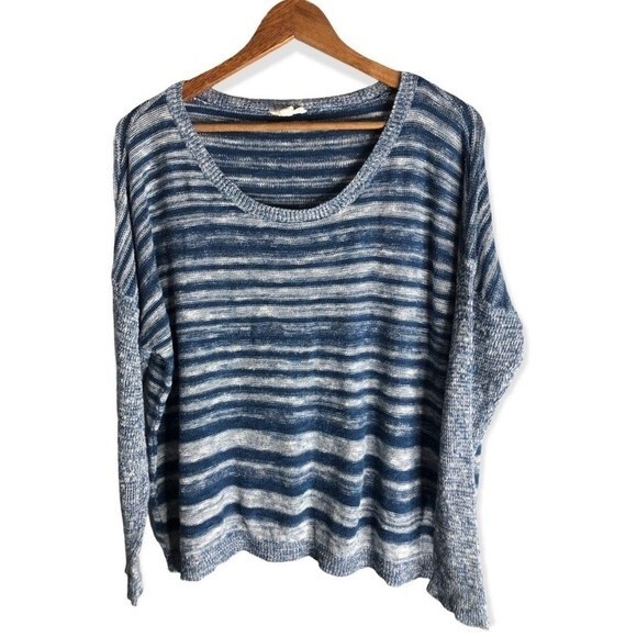 Eileen Fisher Organic Linen Blend Striped Blue Contrast Pullover Sweater - Picture 3 of 8